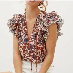 Anthropologie Floral Ruffle Blouse - Red and Blue